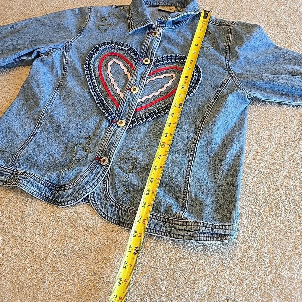 Crystal Kobe Denim Jacket With Fabric & Beaded Heart Designs Button-Up Size S‎